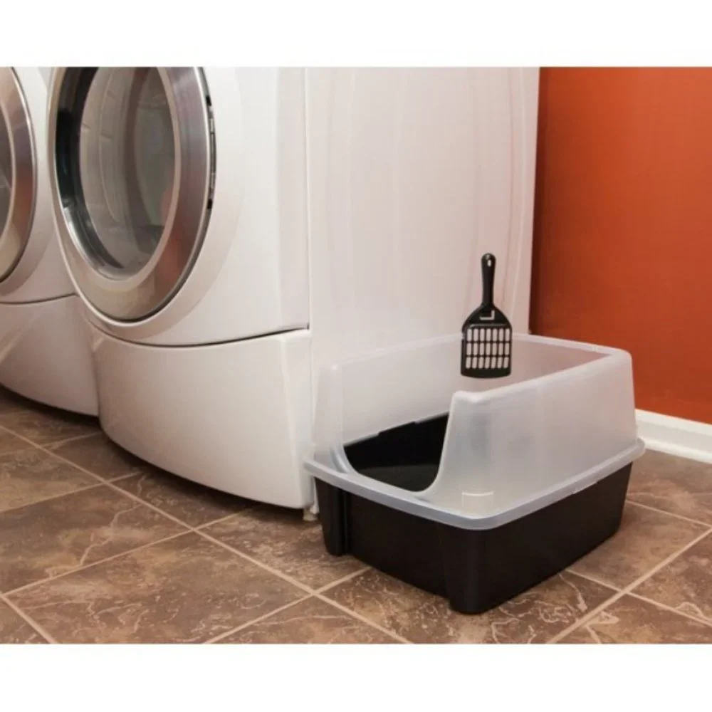 Open-Top Cat Litter Box with Shield and Scoop, Black